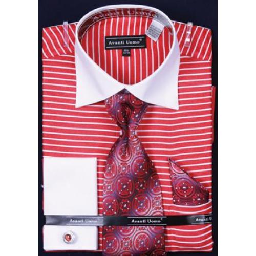 Avanti Uomo Red Horizontal Stripe Two Tone Shirt / Tie / Hanky Set With Free Cufflinks DN55M
